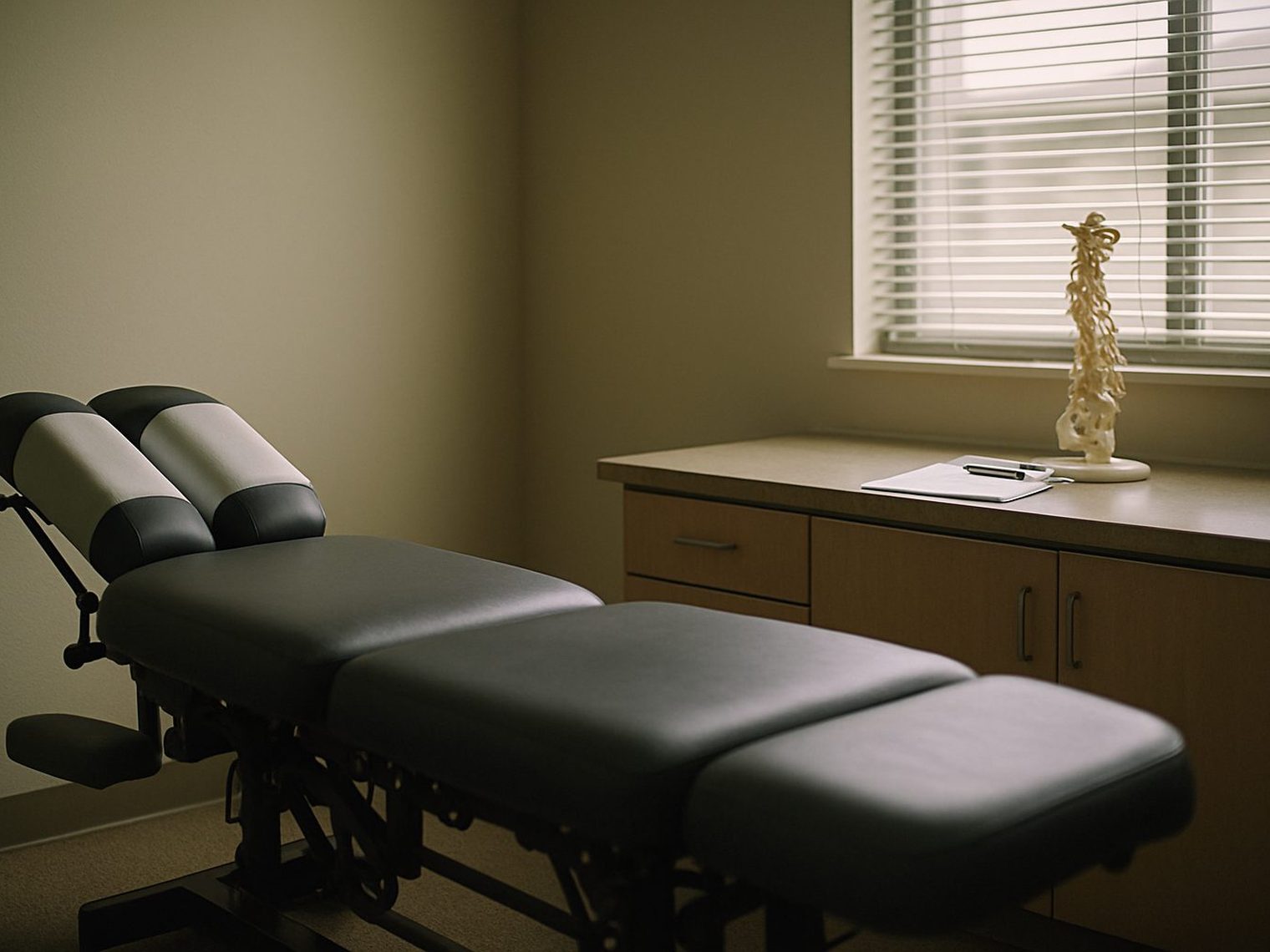 A quiet chiropractic exam room: an adjustable table, a model of the cervical spine on the counter, a clipboard with a pen, soft light through blinds