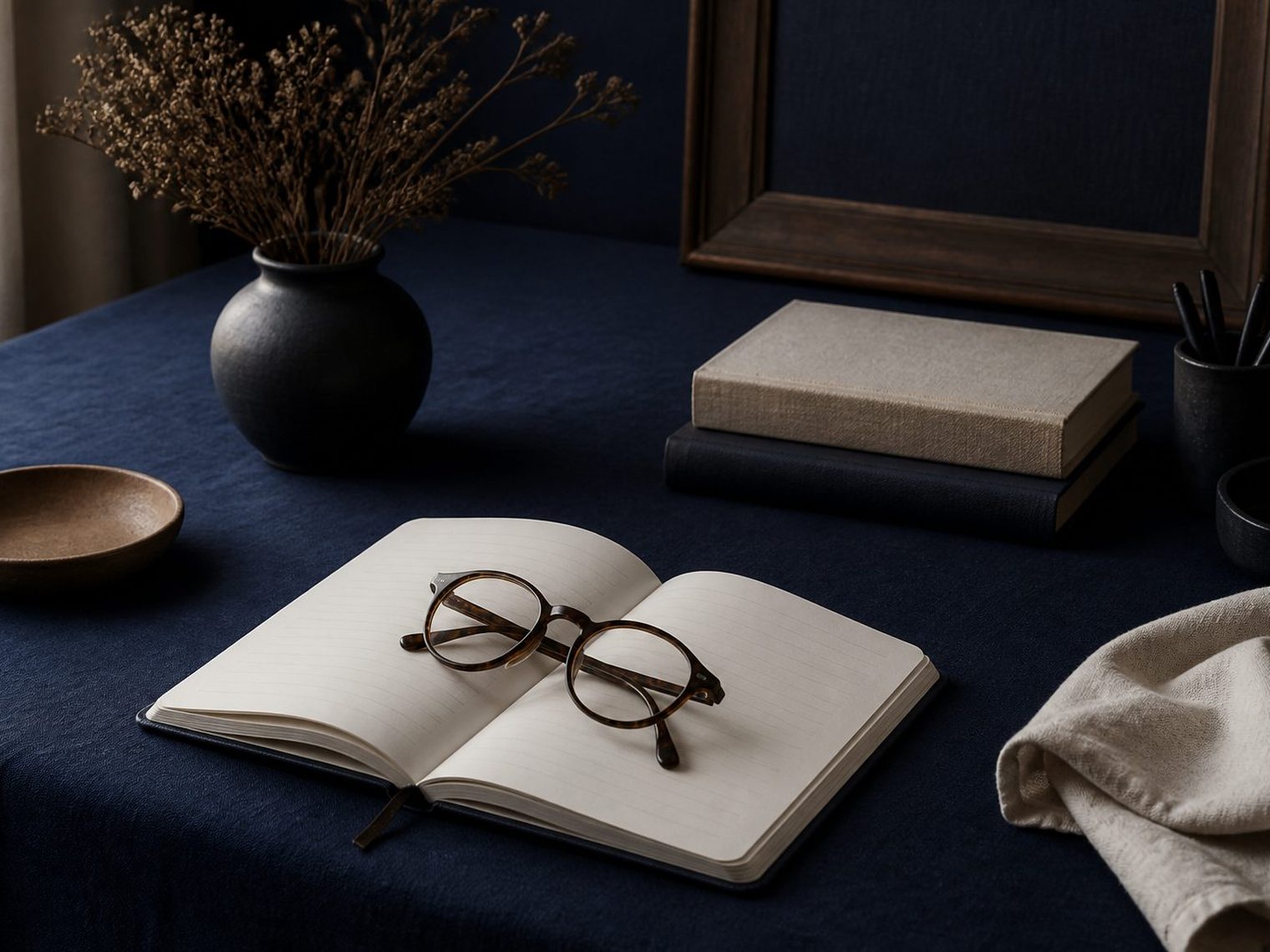 An open ruled journal with a pair of tortoiseshell reading glasses resting on it, on a navy cloth desk beside a stack of books