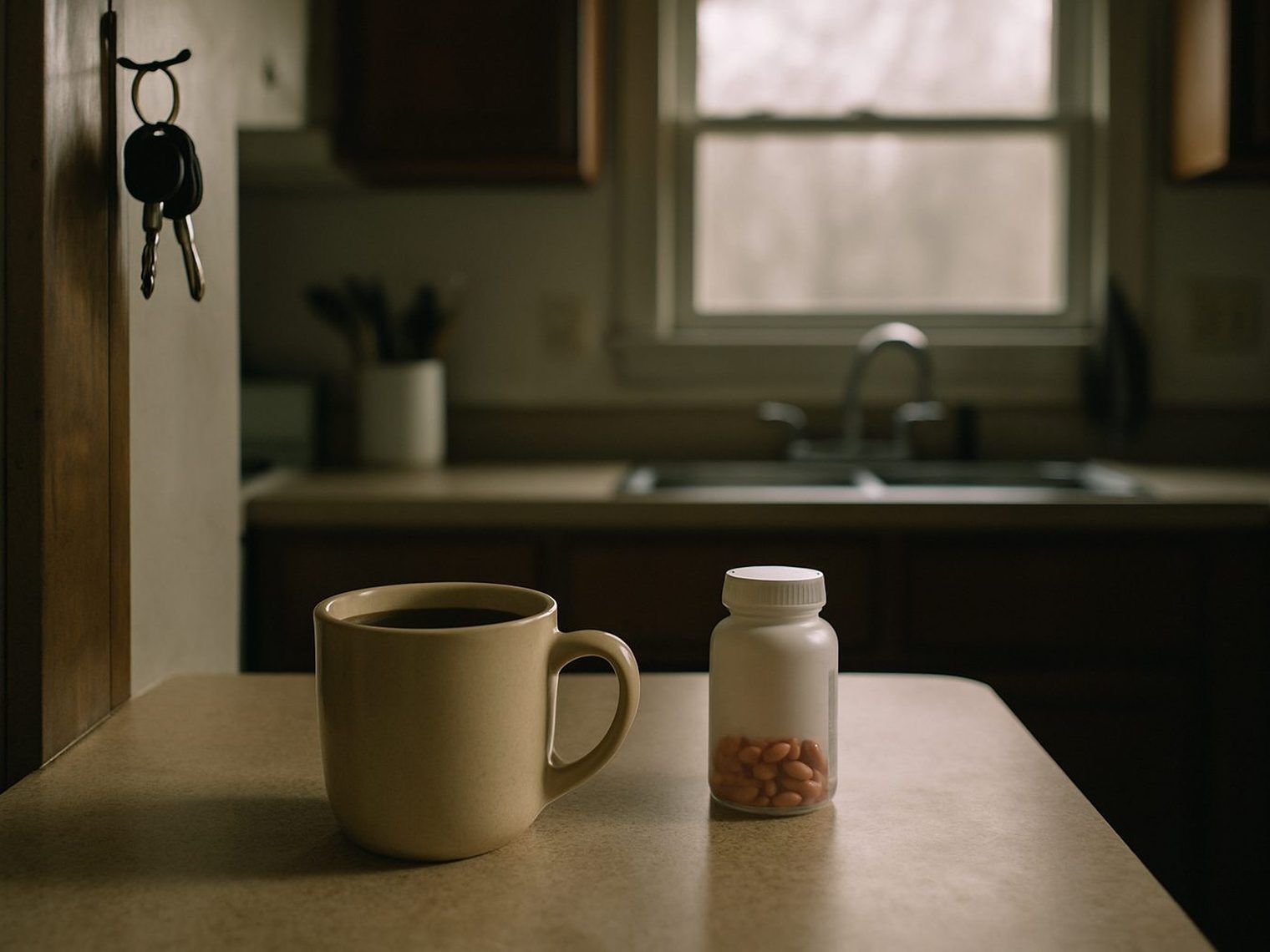 A small kitchen at seven in the morning: a mug of coffee and a bottle of ibuprofen on the counter, car keys on a hook, gray light through the window