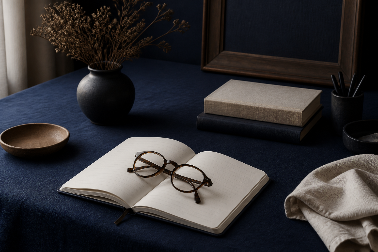 An open linen notebook and reading glasses on a cool navy desk.