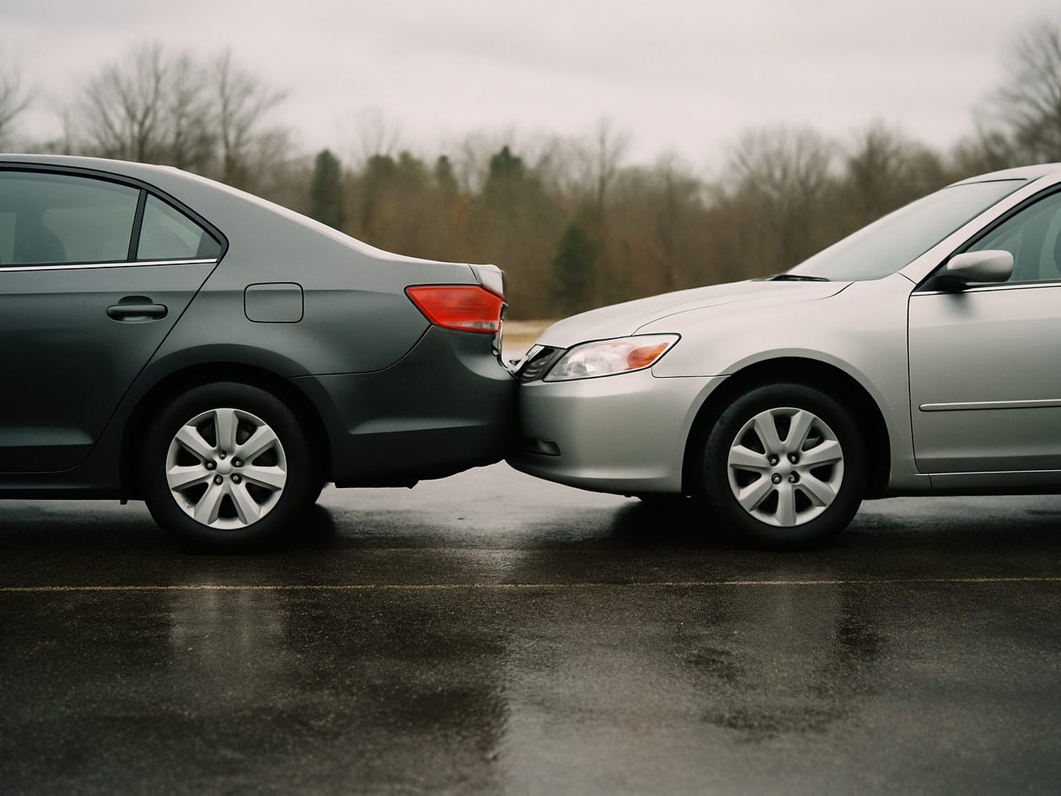 Two gray sedans nose to tail in a wet, empty parking lot after a minor bump, bumpers touching, bare trees in the distance